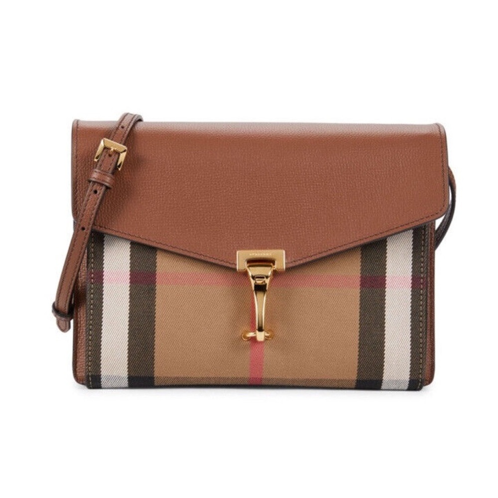 NWT Burberry Small Macken House Check Derby Leather Cross Body Bag Tan